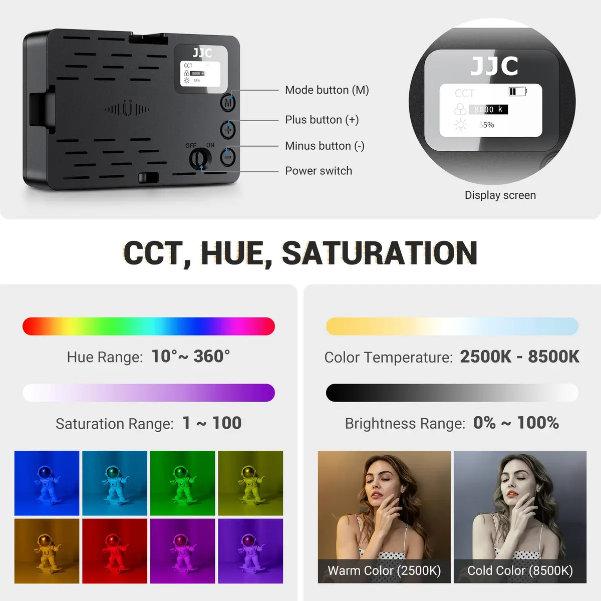 JJC Camera Continuous Light RGB LED Flash for Sony ZV-1F & More | Rechargeable 2600mAh Battery, 24 Scene Modes, Cold Shoe Mounts - view 3