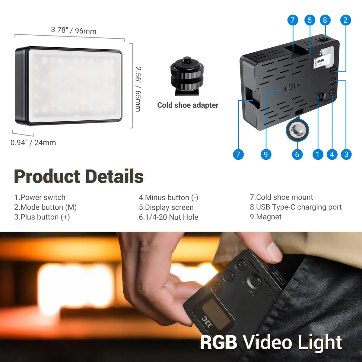 JJC Camera Continuous Light RGB LED Flash for Sony ZV-1F & More | Rechargeable 2600mAh Battery, 24 Scene Modes, Cold Shoe Mounts - view 4