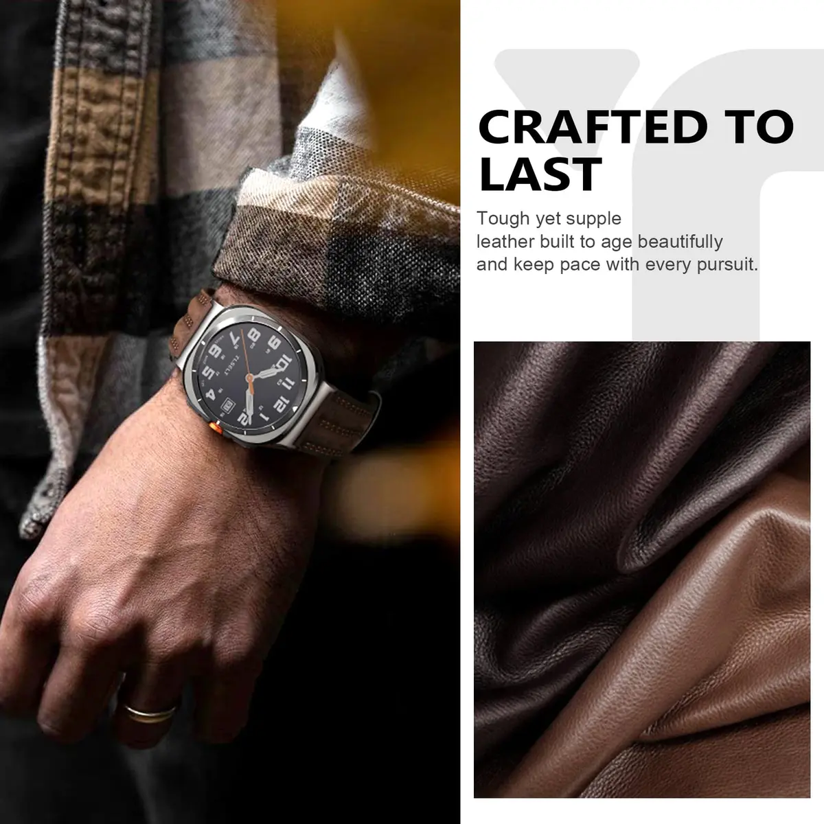 Tlselt Leather Band for Samsung Galaxy Watch Ultra 2/Ultra 47mm | Vintage Rugged Leather, Quick-Release, Fits 6.2"–8.9" Wrists - view 5