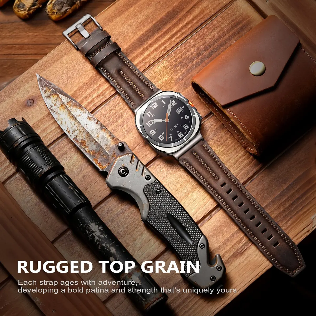 Tlselt Leather Band for Samsung Galaxy Watch Ultra 2/Ultra 47mm | Vintage Rugged Leather, Quick-Release, Fits 6.2"–8.9" Wrists - view 6