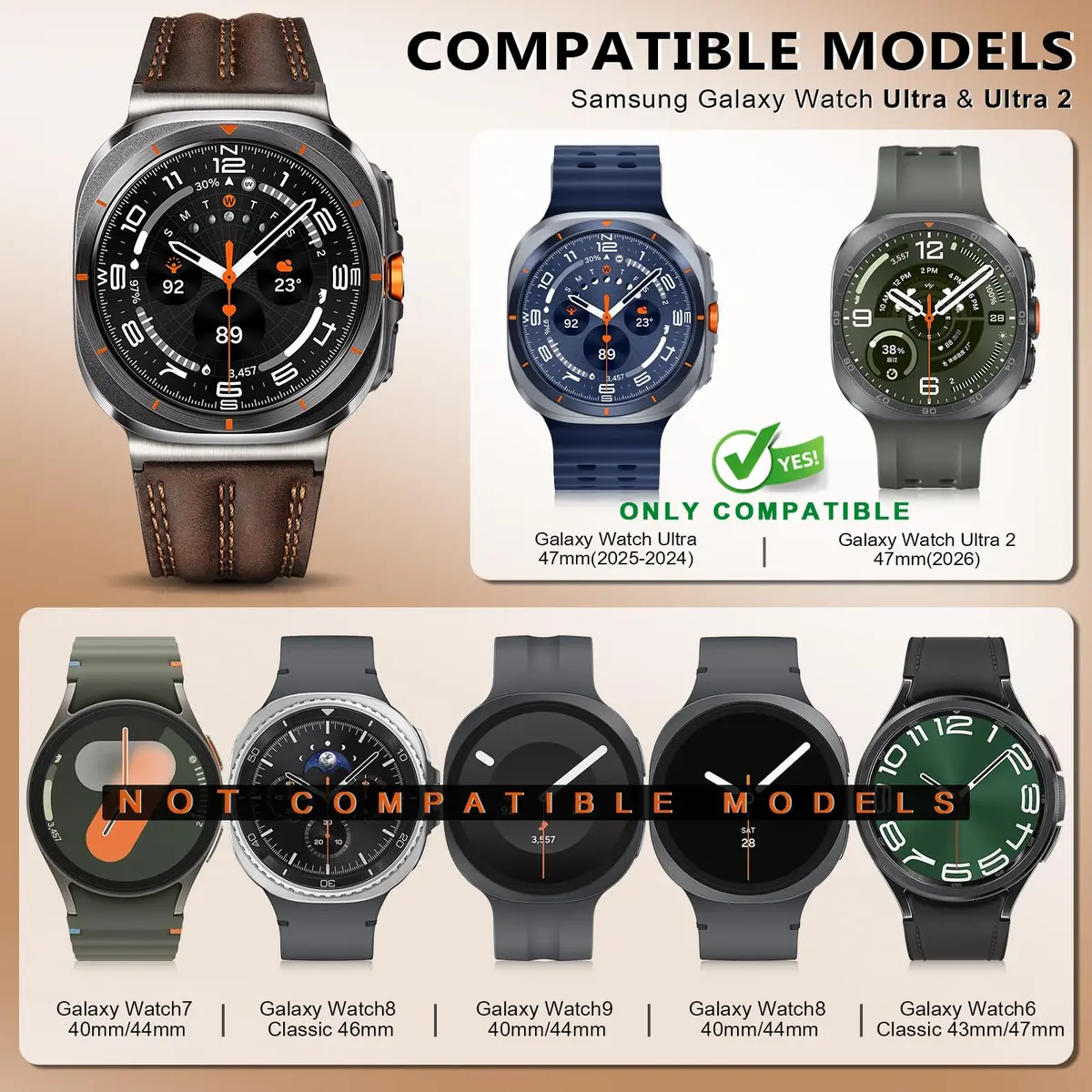 Tlselt Leather Band for Samsung Galaxy Watch Ultra 2/Ultra 47mm | Vintage Rugged Leather, Quick-Release, Fits 6.2"–8.9" Wrists - view 2