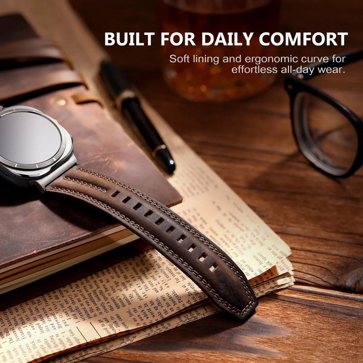 Tlselt Leather Band for Samsung Galaxy Watch Ultra 2/Ultra 47mm | Vintage Rugged Leather, Quick-Release, Fits 6.2"–8.9" Wrists - view 4