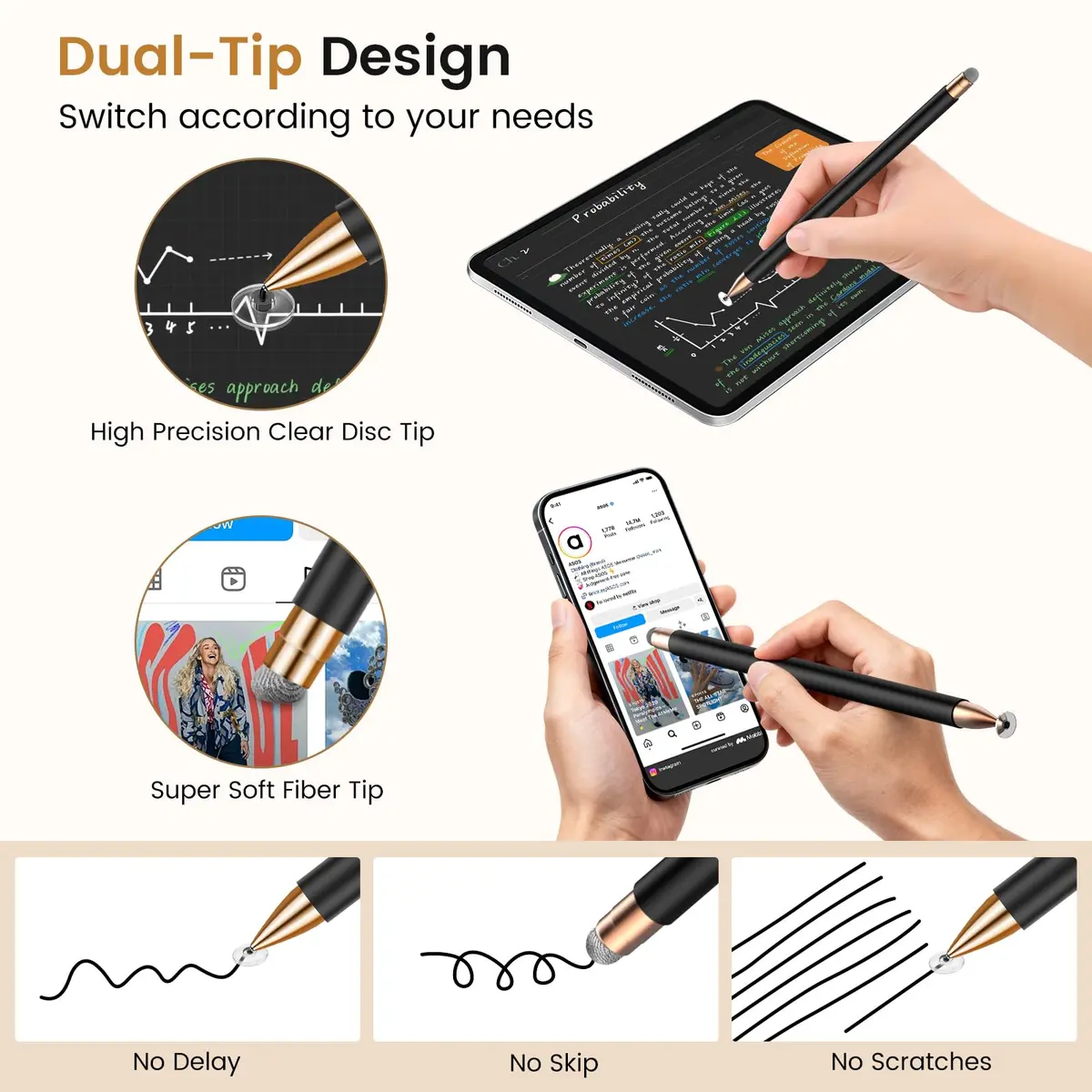 STYLUSHOME Universal Stylus Pens 2-Pack (Black/Gold) | High Precision Sensitivity for All Touch Screens - view 3