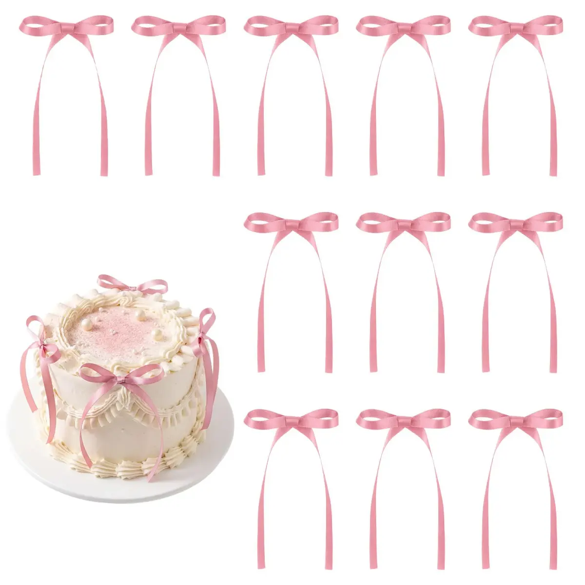 NatNarr Rose Pink Ribbon Bow Cake Toppers (30 Pack) | Handmade Polyester for Parties - main product image