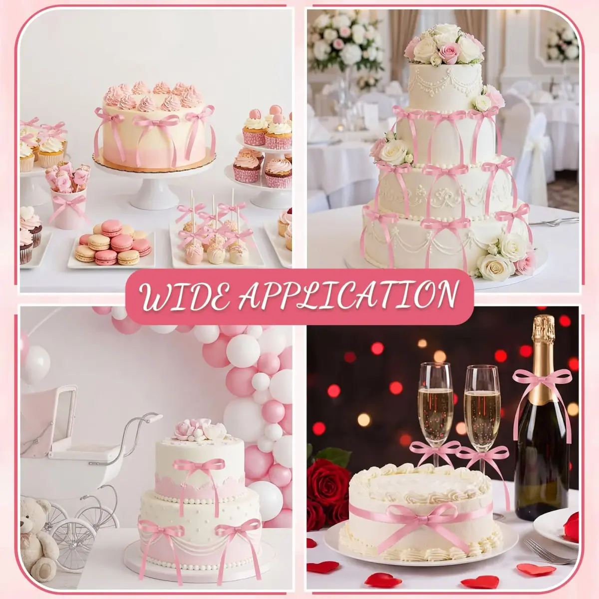 NatNarr Rose Pink Ribbon Bow Cake Toppers (30 Pack) | Handmade Polyester for Parties - view 6
