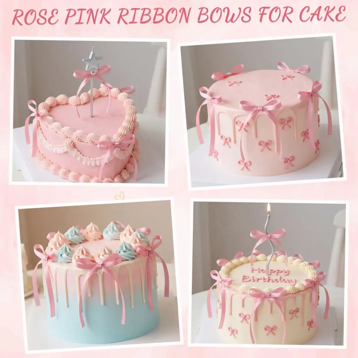 NatNarr Rose Pink Ribbon Bow Cake Toppers (30 Pack) | Handmade Polyester for Parties - view 3