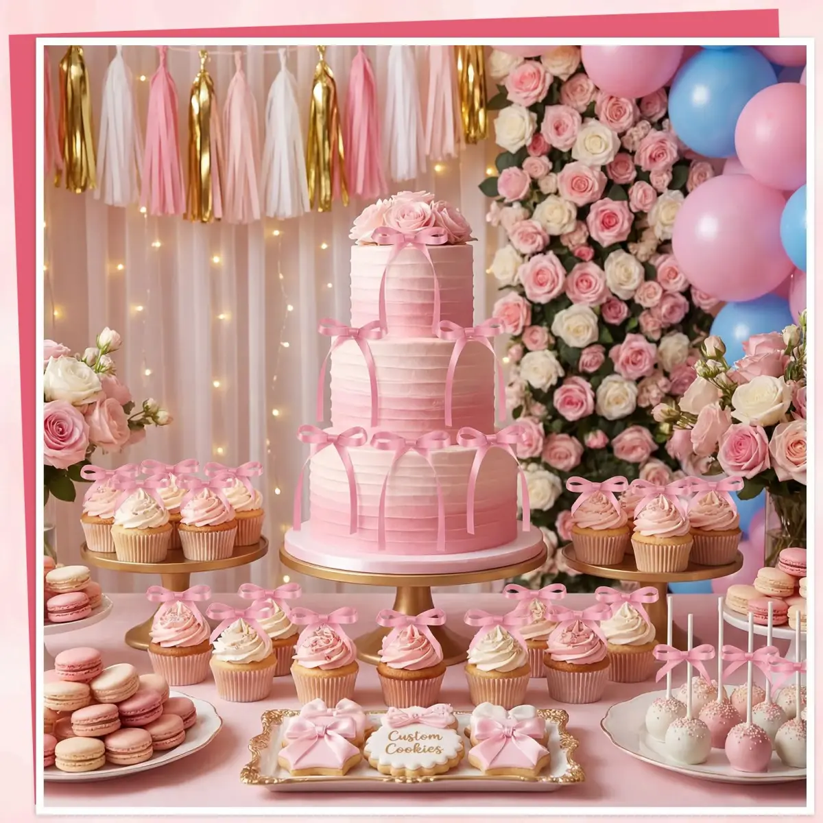 NatNarr Rose Pink Ribbon Bow Cake Toppers (30 Pack) | Handmade Polyester for Parties - view 4