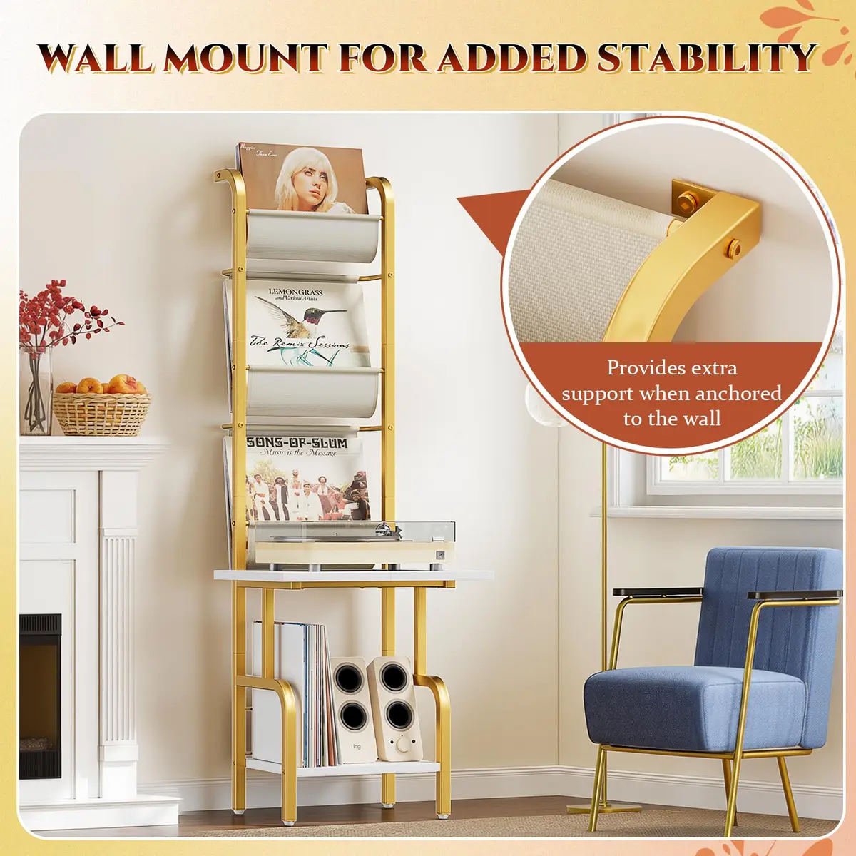 Tewinko Record Player Stand with Vinyl Storage | Vertical Design, Holds Up to 200 Albums (70-120 chars) - view 7