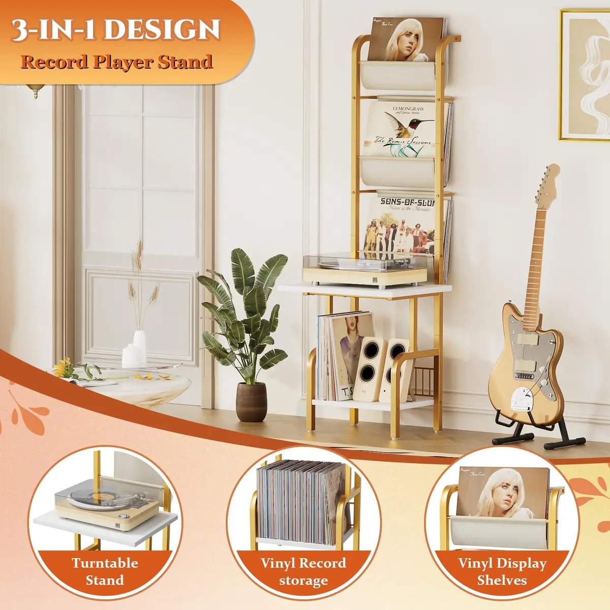 Tewinko Record Player Stand with Vinyl Storage | Vertical Design, Holds Up to 200 Albums (70-120 chars) - view 2