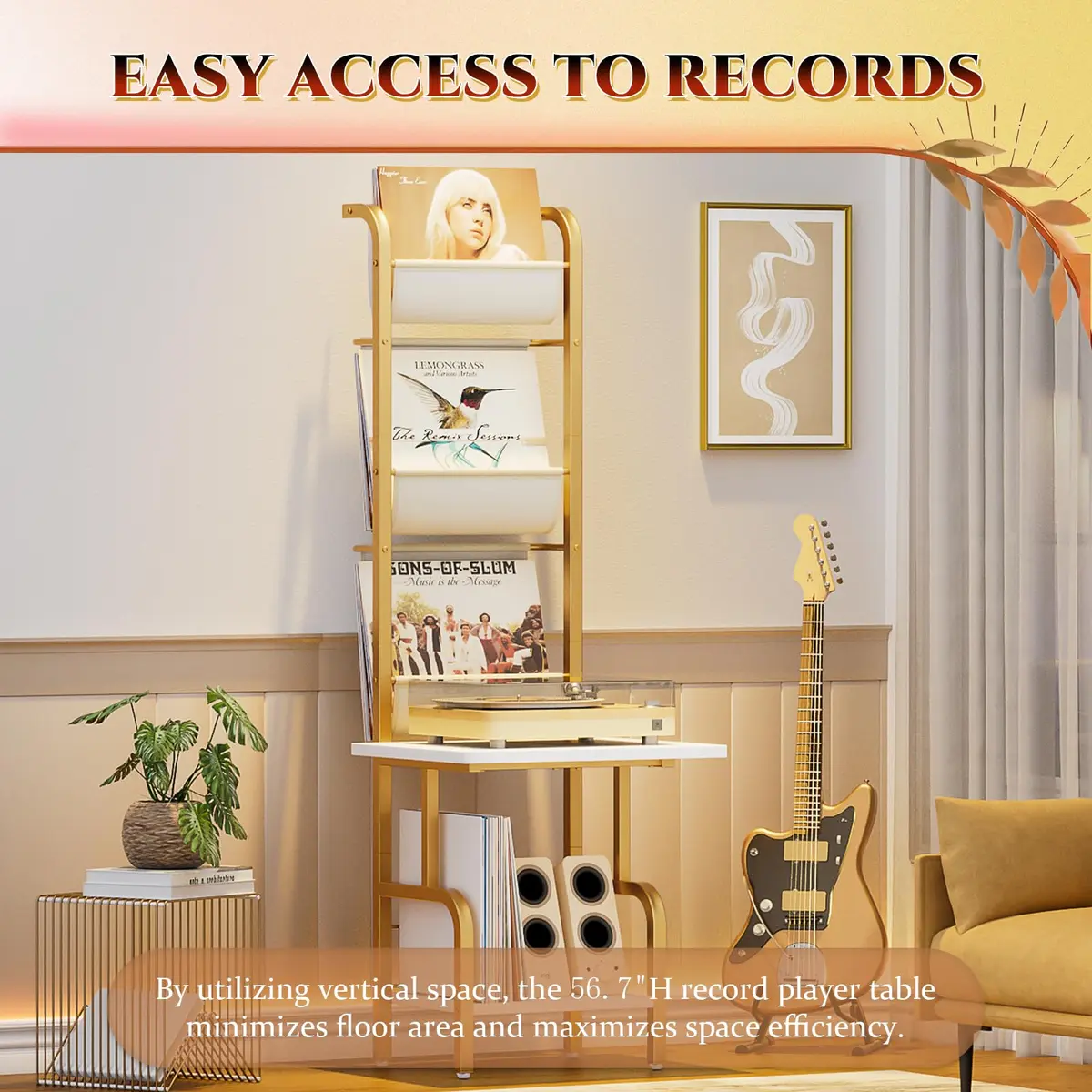 Tewinko Record Player Stand with Vinyl Storage | Vertical Design, Holds Up to 200 Albums (70-120 chars) - view 3