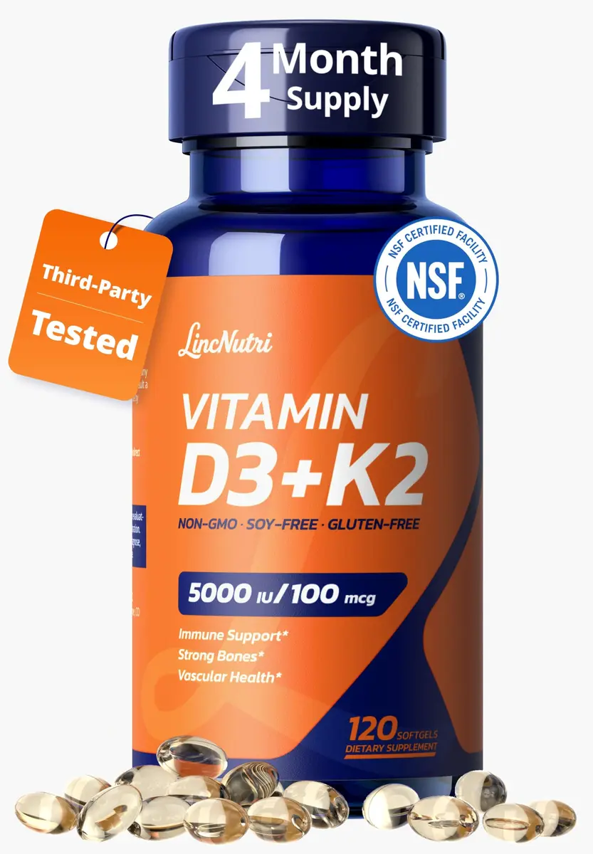 LincNutri Vitamin D3 K2 5,000IU MK7 100mcg | Supports Bone & Heart Health, 4-Month Supply - main product image