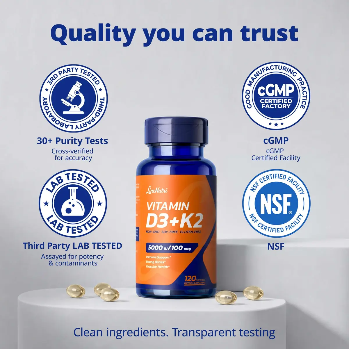 LincNutri Vitamin D3 K2 5,000IU MK7 100mcg | Supports Bone & Heart Health, 4-Month Supply - view 6