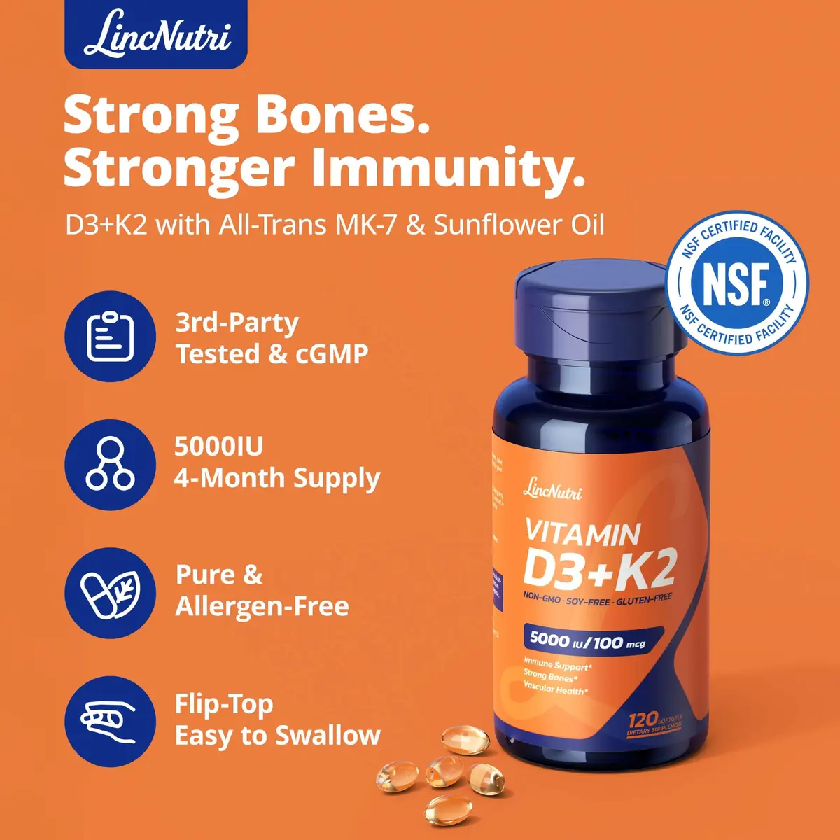 LincNutri Vitamin D3 K2 5,000IU MK7 100mcg | Supports Bone & Heart Health, 4-Month Supply - view 4