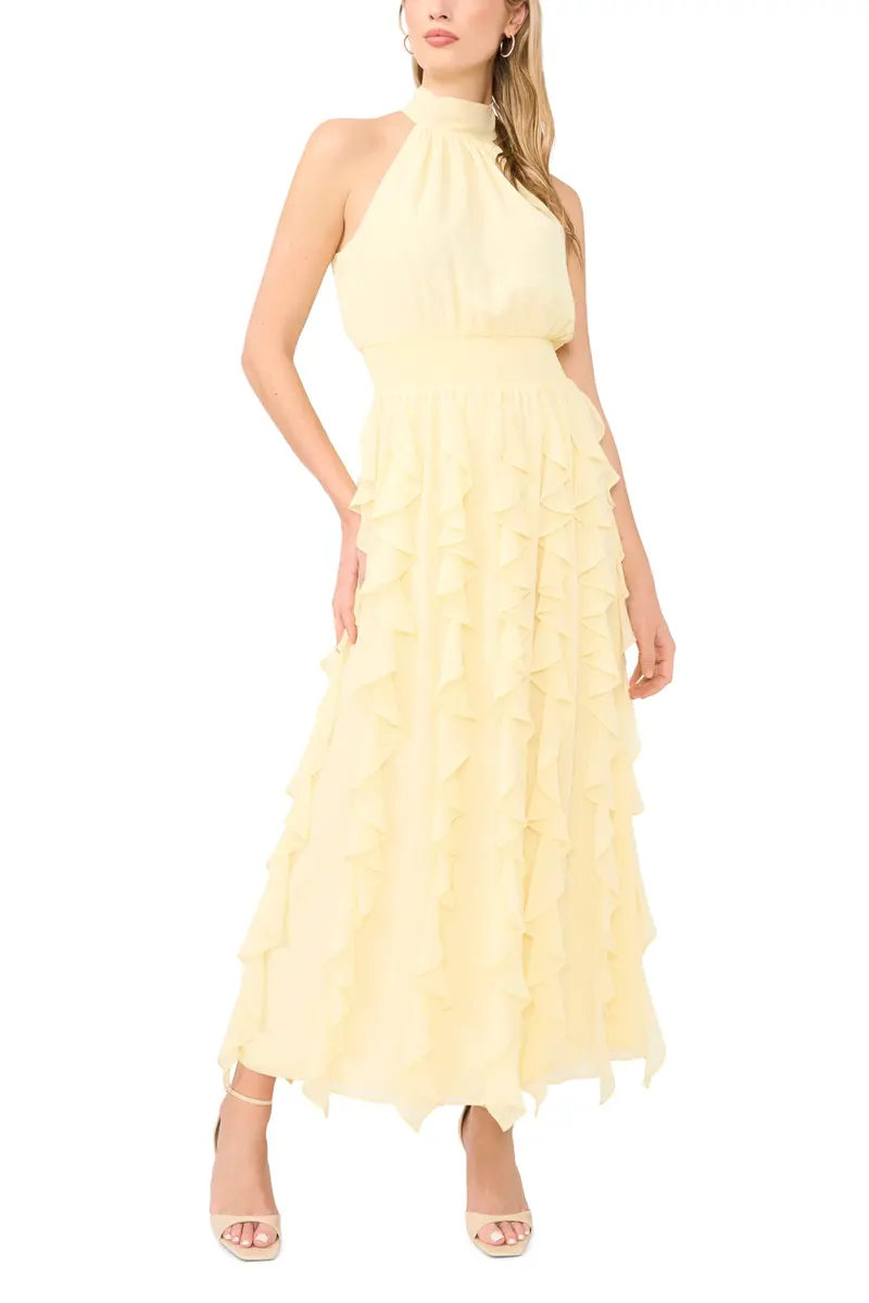 1.STATE Sleeveless Cascading Maxi Dress Pastel Yellow | Elegant Floor-Length Summer Style - main product image
