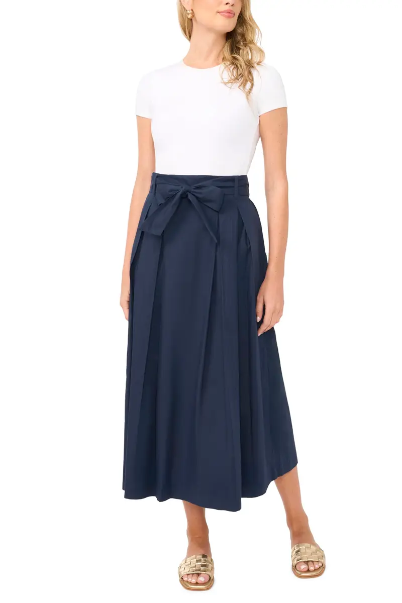 1.STATE Bow Belt Box Pleated Skirt | Mid Rise, Cotton, Indigo Night, Professional - view 2