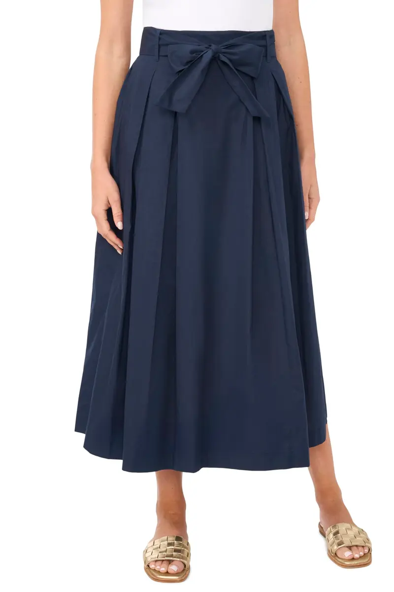 1.STATE Bow Belt Box Pleated Skirt | Mid Rise, Cotton, Indigo Night, Professional - main product image