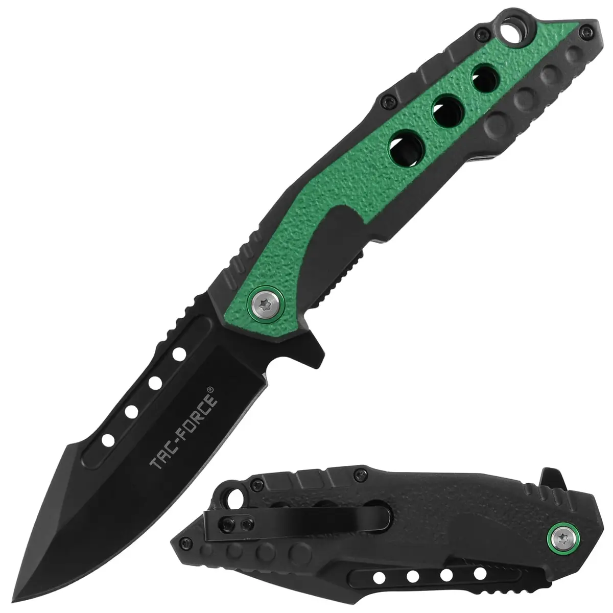 Tac-Force Tactical Folding Pocket Knife, Black & Green Aluminum Handle, 3.75" Drop Point Blade, 8.5" Overall - main product image