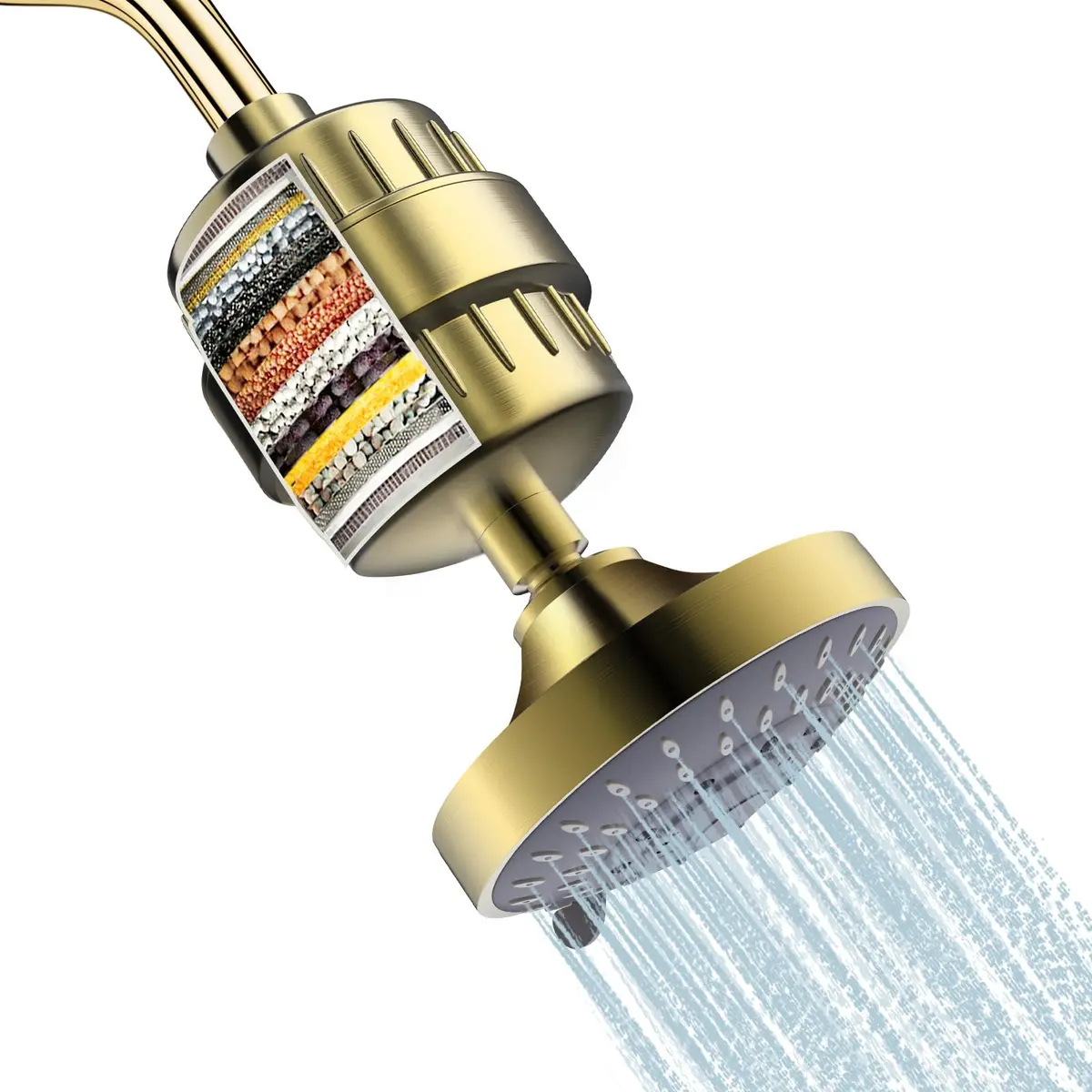 FEELSO Fixed Shower Head with 15-Stage Filter | Golden Finish, 4.1 Inch Diameter, 5 Spray Modes - main product image
