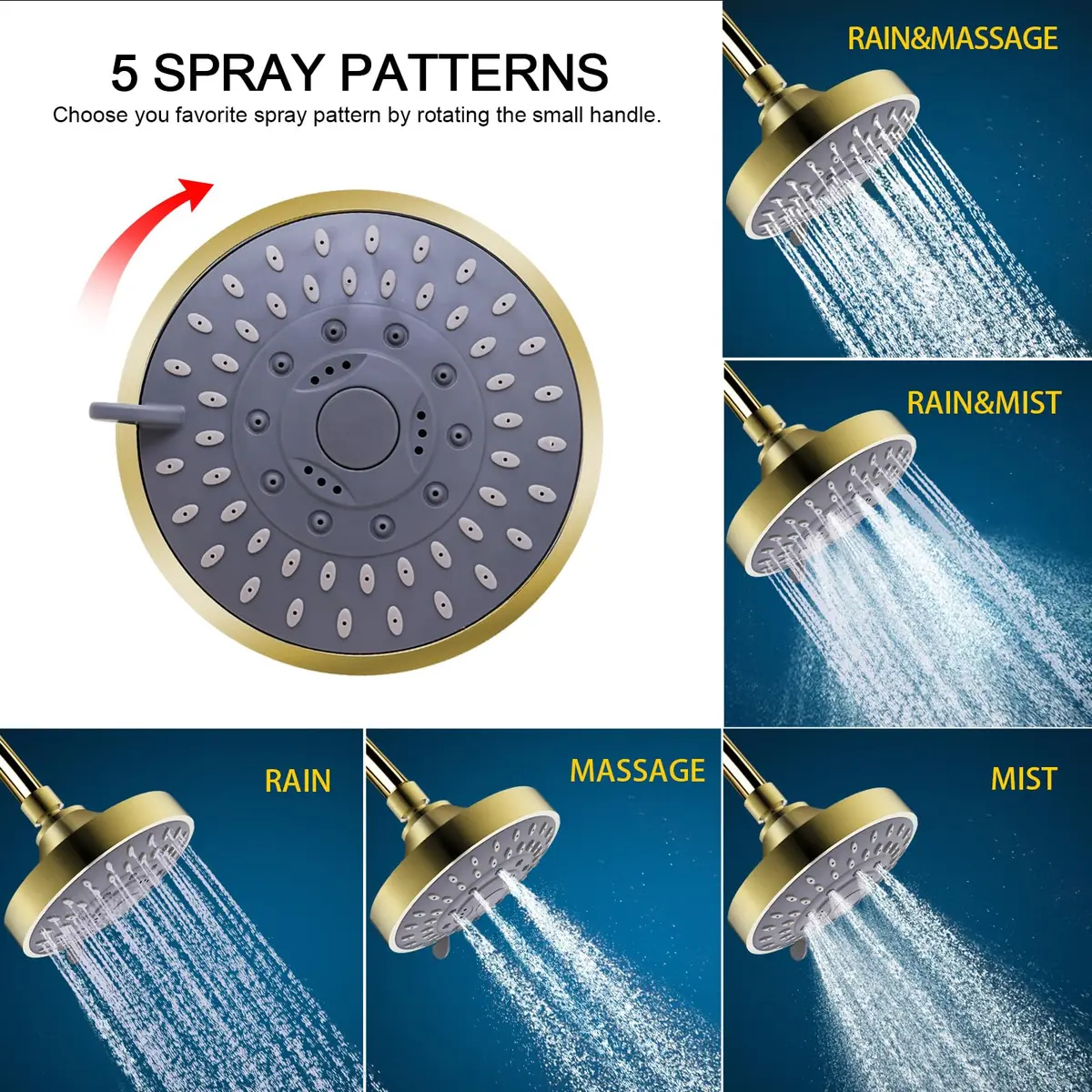 FEELSO Fixed Shower Head with 15-Stage Filter | Golden Finish, 4.1 Inch Diameter, 5 Spray Modes - view 5