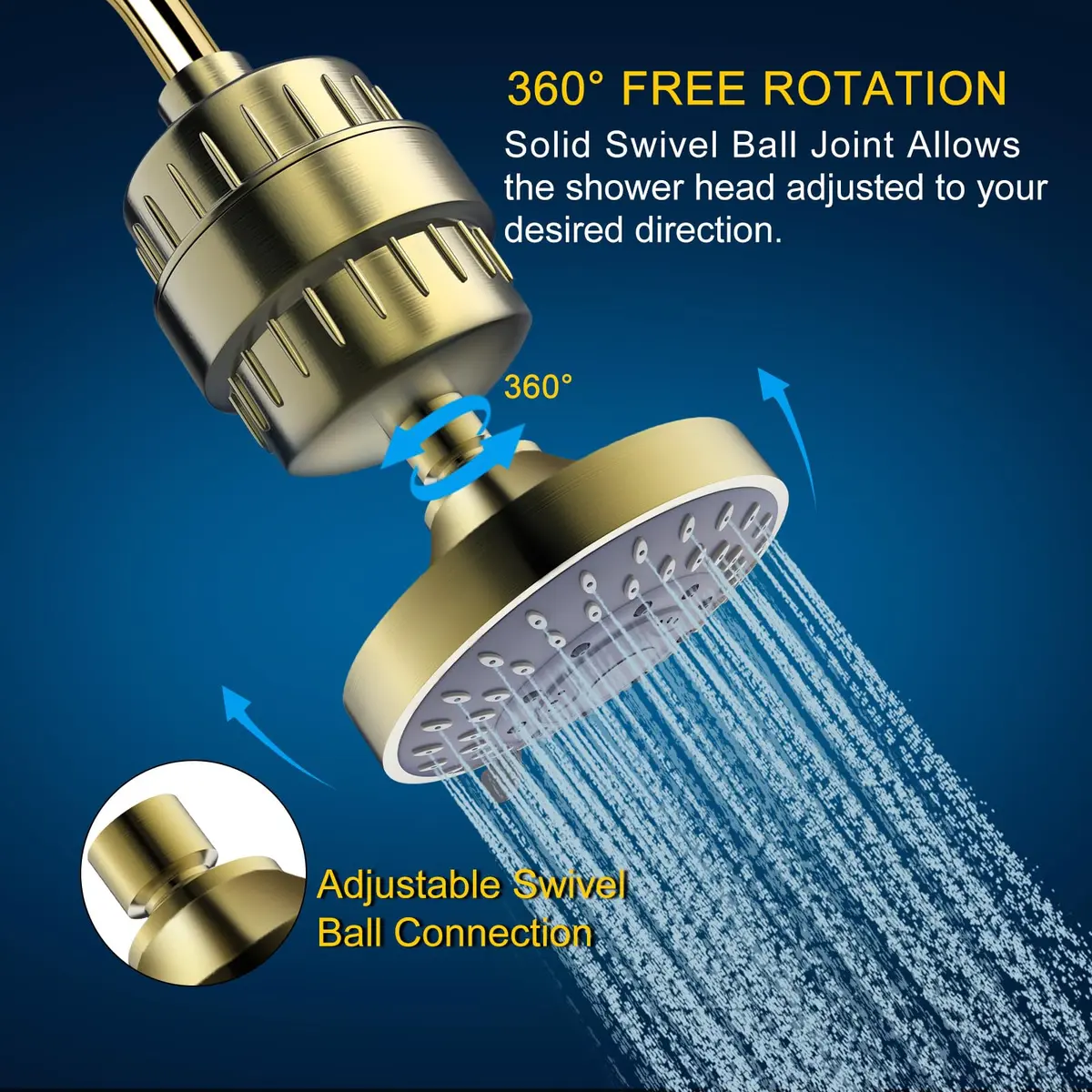 FEELSO Fixed Shower Head with 15-Stage Filter | Golden Finish, 4.1 Inch Diameter, 5 Spray Modes - view 6
