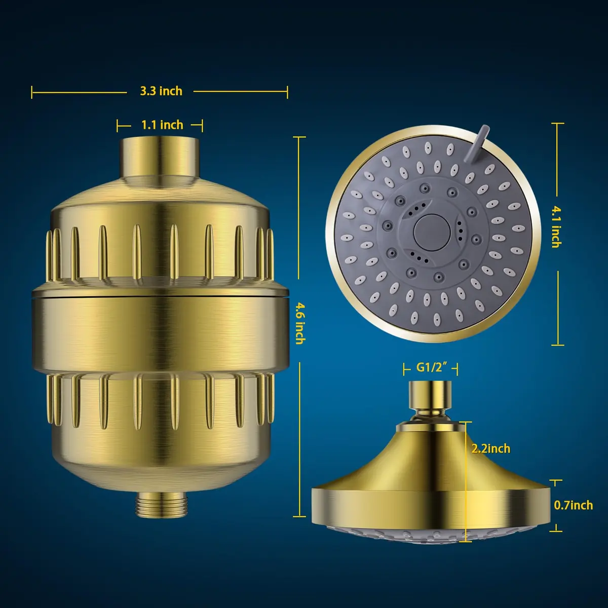 FEELSO Fixed Shower Head with 15-Stage Filter | Golden Finish, 4.1 Inch Diameter, 5 Spray Modes - view 2