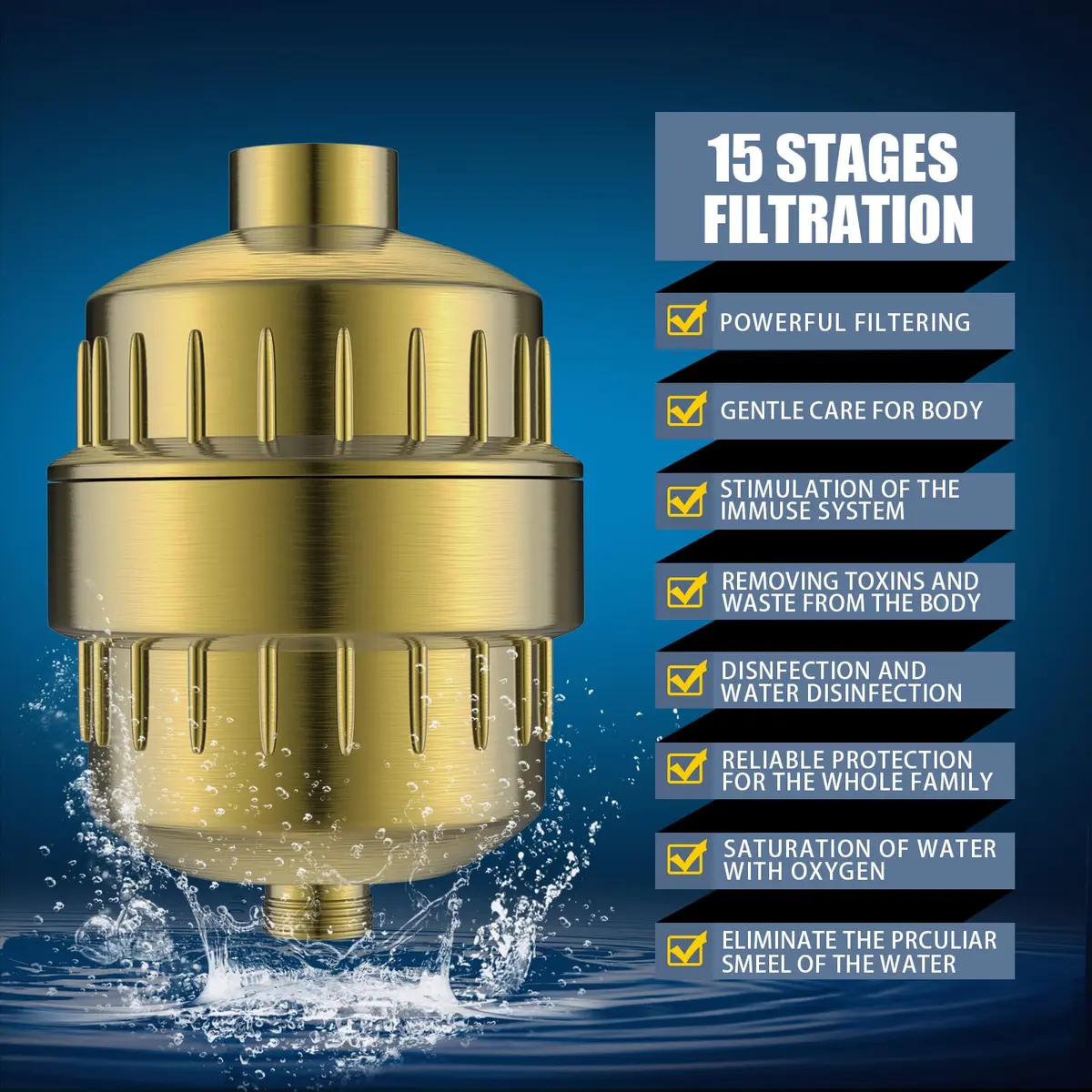 FEELSO Fixed Shower Head with 15-Stage Filter | Golden Finish, 4.1 Inch Diameter, 5 Spray Modes - view 3