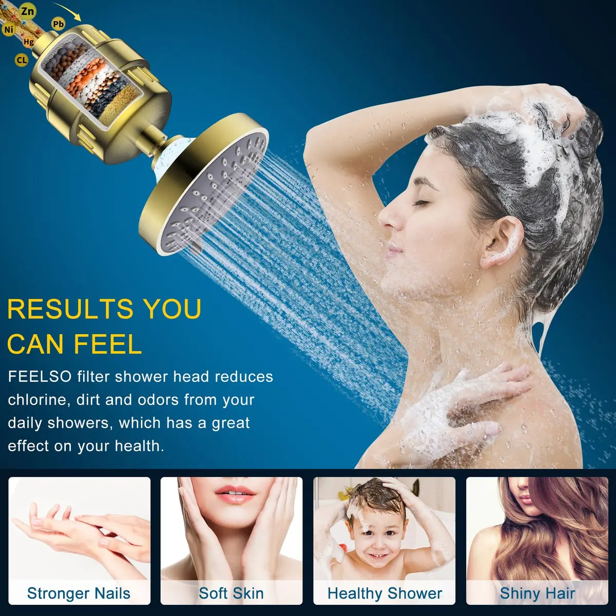 FEELSO Fixed Shower Head with 15-Stage Filter | Golden Finish, 4.1 Inch Diameter, 5 Spray Modes - view 4