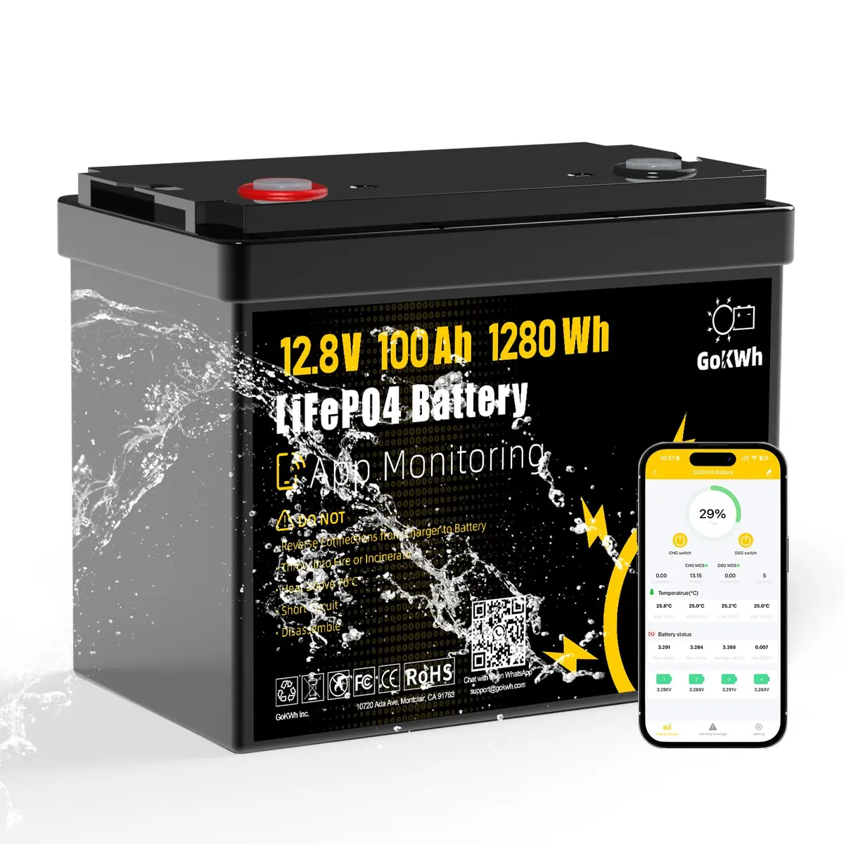 GOKWH 12V 100Ah LiFePO4 Marine Battery with Bluetooth APP | Deep Cycle Trolling Motor Power - main product image
