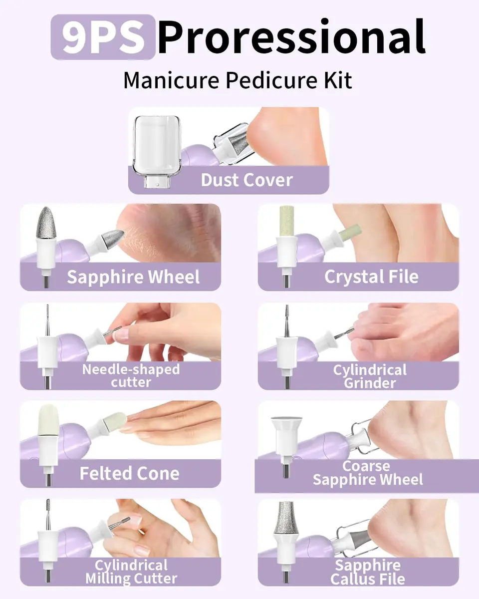 Hoxida Cordless Electric Nail File Set with 360° LED Light, Rechargeable Manicure Pedicure Kit for Feet & Hands, 0-20,000 RPM, Oil-Purple | Professional Salon Quality - view 5