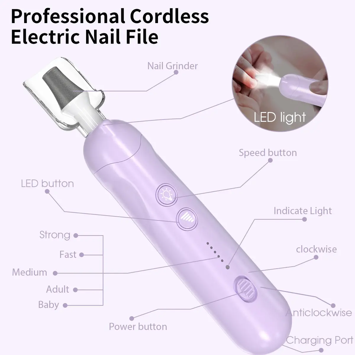 Hoxida Cordless Electric Nail File Set with 360° LED Light, Rechargeable Manicure Pedicure Kit for Feet & Hands, 0-20,000 RPM, Oil-Purple | Professional Salon Quality - view 7