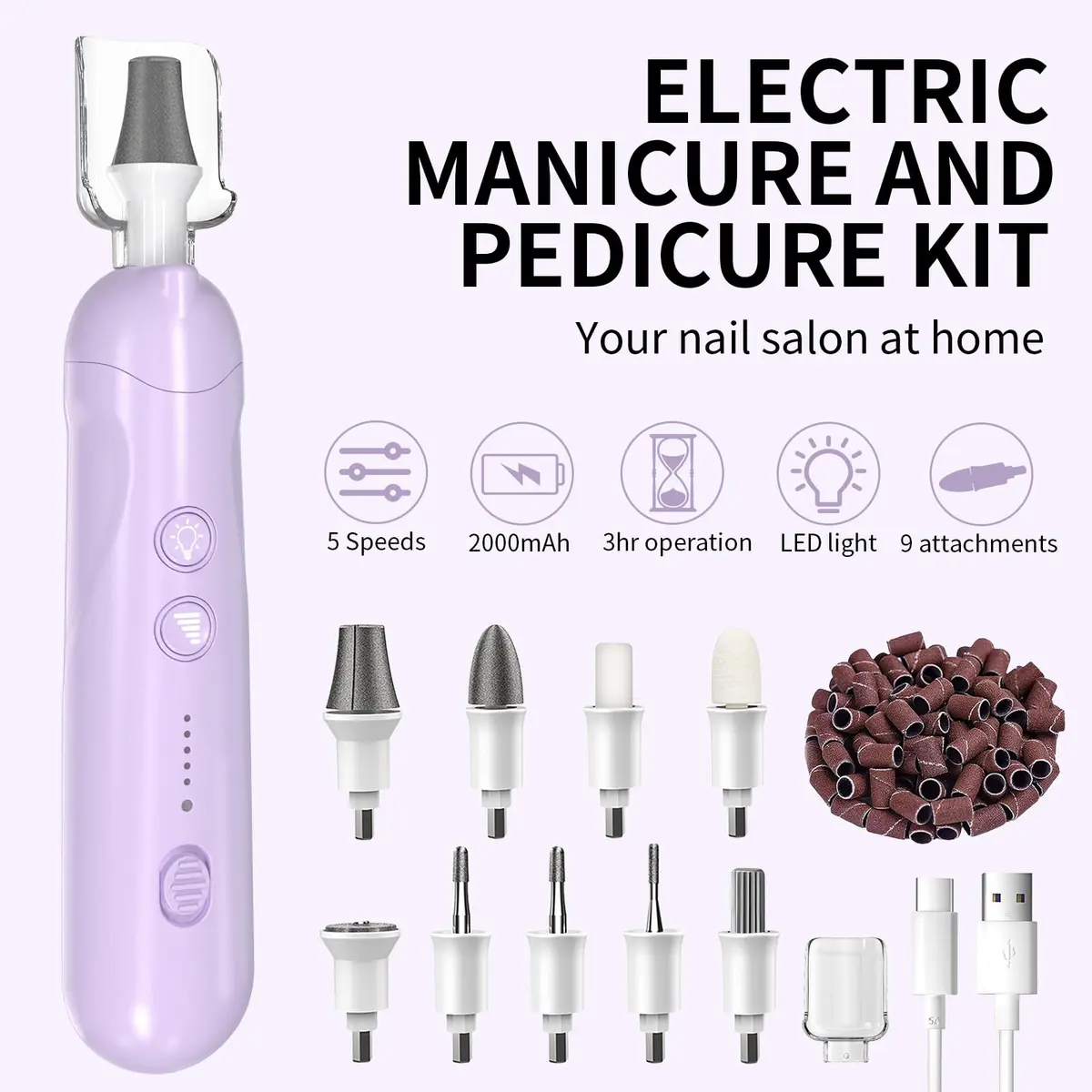 Hoxida Cordless Electric Nail File Set with 360° LED Light, Rechargeable Manicure Pedicure Kit for Feet & Hands, 0-20,000 RPM, Oil-Purple | Professional Salon Quality - view 2