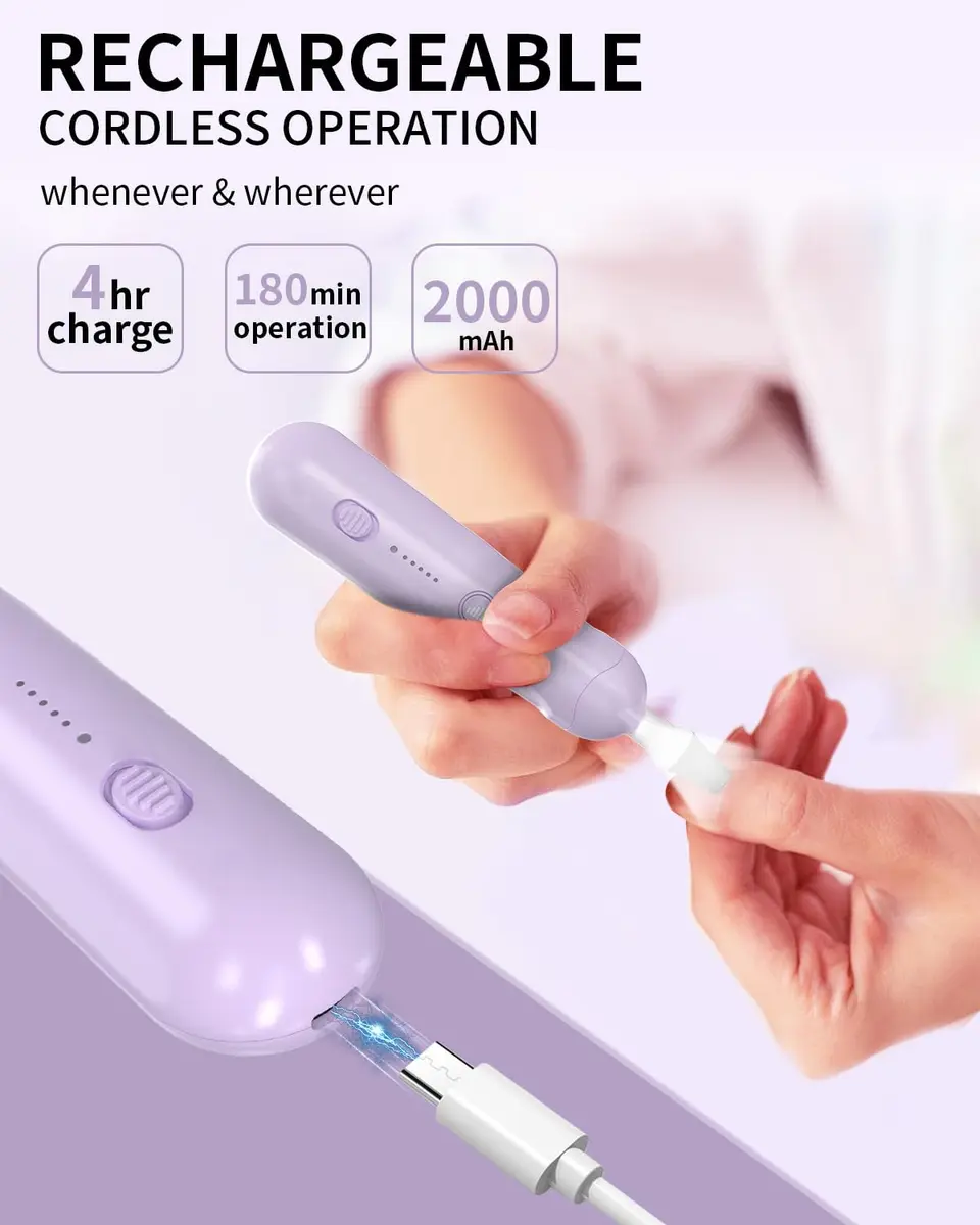 Hoxida Cordless Electric Nail File Set with 360° LED Light, Rechargeable Manicure Pedicure Kit for Feet & Hands, 0-20,000 RPM, Oil-Purple | Professional Salon Quality - view 4