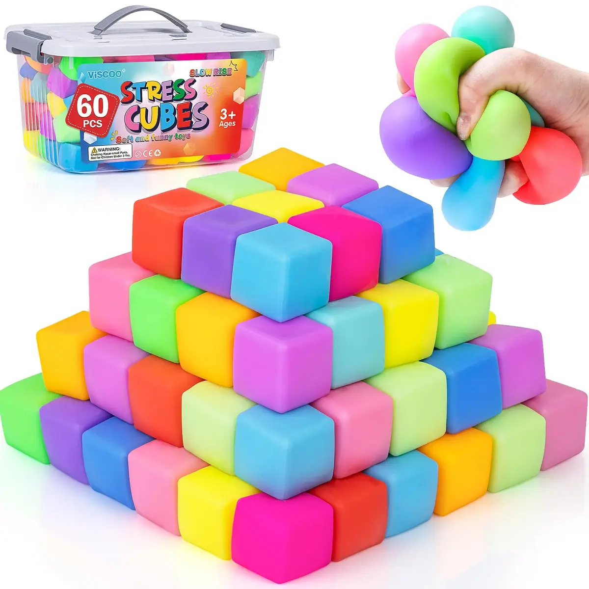 VISCOO 60 Pack Slow Rising Stress Cube 3.6cm (1.4 inch) | Non-Toxic TPR Fidget Toy for Kids & Adults - main product image