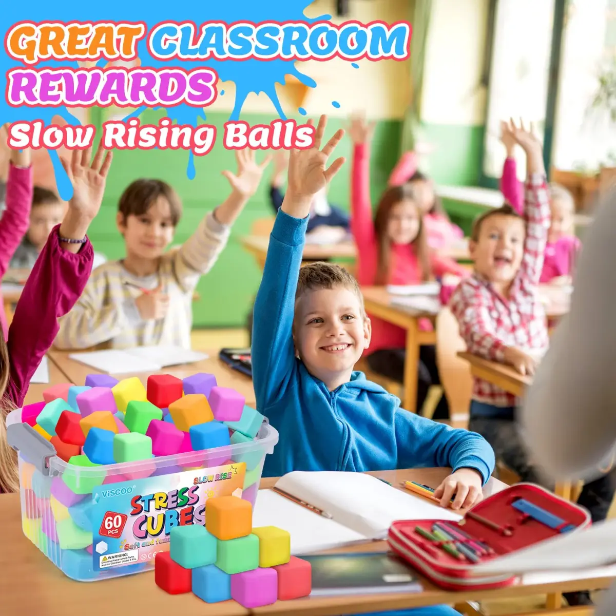 VISCOO 60 Pack Slow Rising Stress Cube 3.6cm (1.4 inch) | Non-Toxic TPR Fidget Toy for Kids & Adults - view 7