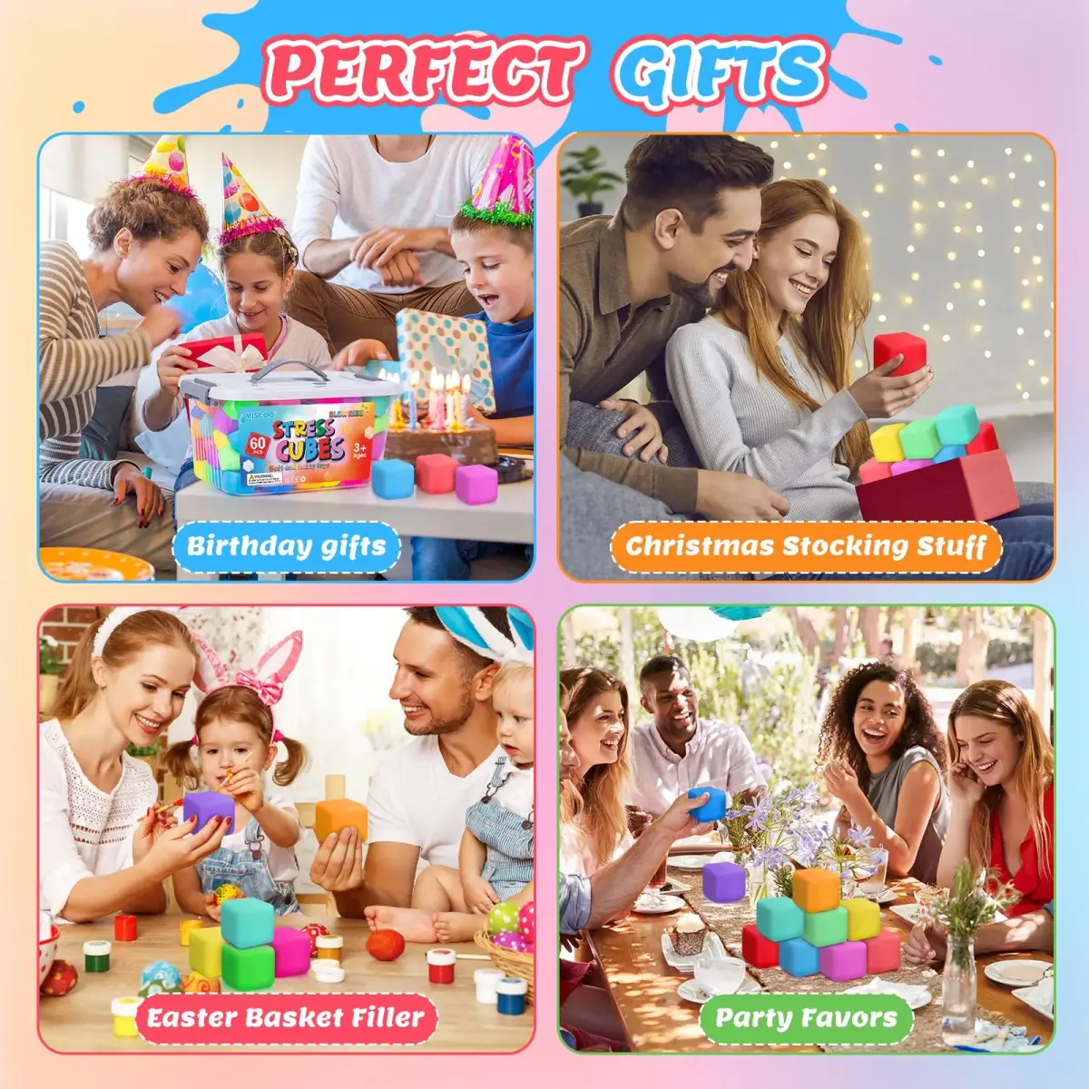 VISCOO 60 Pack Slow Rising Stress Cube 3.6cm (1.4 inch) | Non-Toxic TPR Fidget Toy for Kids & Adults - view 8