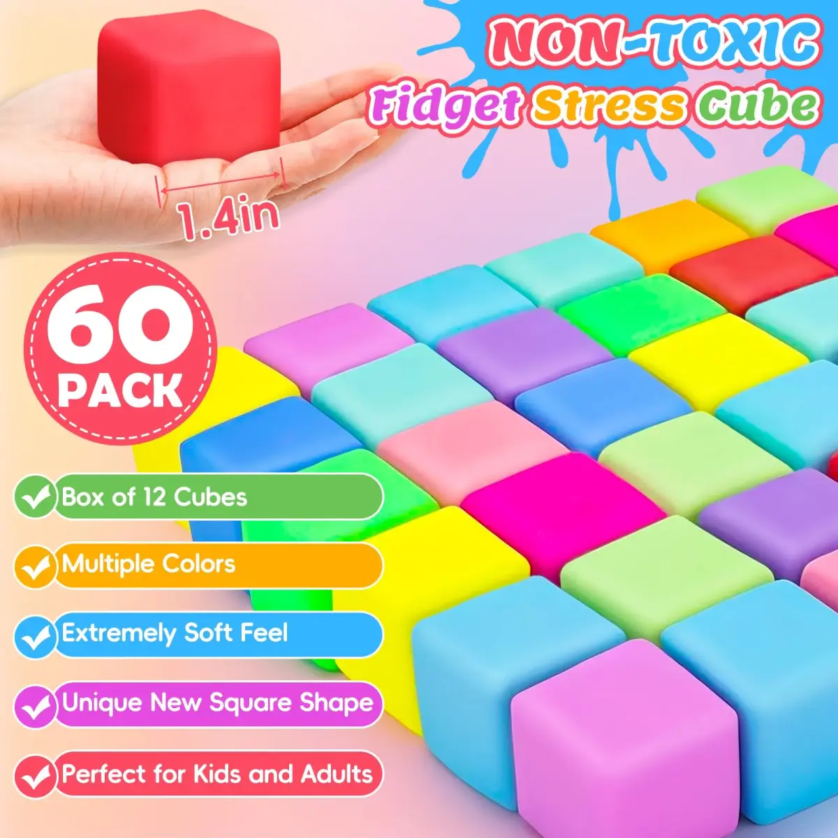VISCOO 60 Pack Slow Rising Stress Cube 3.6cm (1.4 inch) | Non-Toxic TPR Fidget Toy for Kids & Adults - view 2