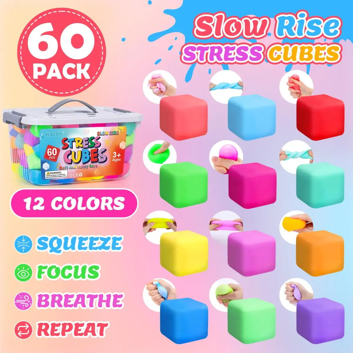 VISCOO 60 Pack Slow Rising Stress Cube 3.6cm (1.4 inch) | Non-Toxic TPR Fidget Toy for Kids & Adults - view 4
