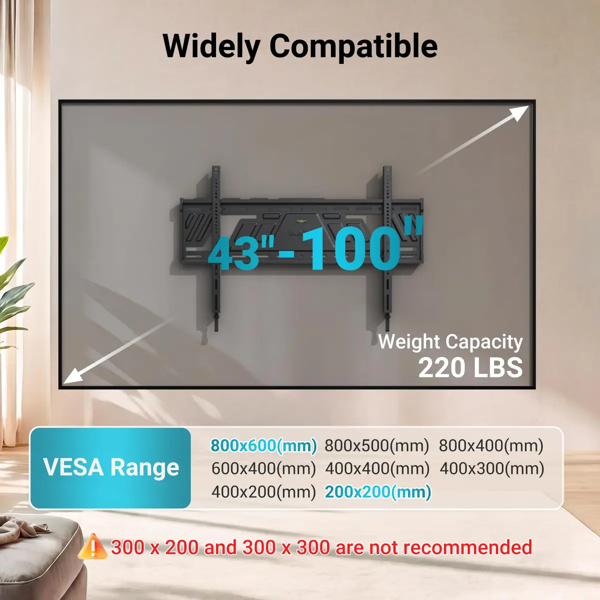 BONTEC Heavy Duty Fixed TV Wall Mount 43-100 Inch TVs, 220 lbs Capacity, VESA 800x600mm | Secure One-Piece Steel Bracket for Large Screens - view 2