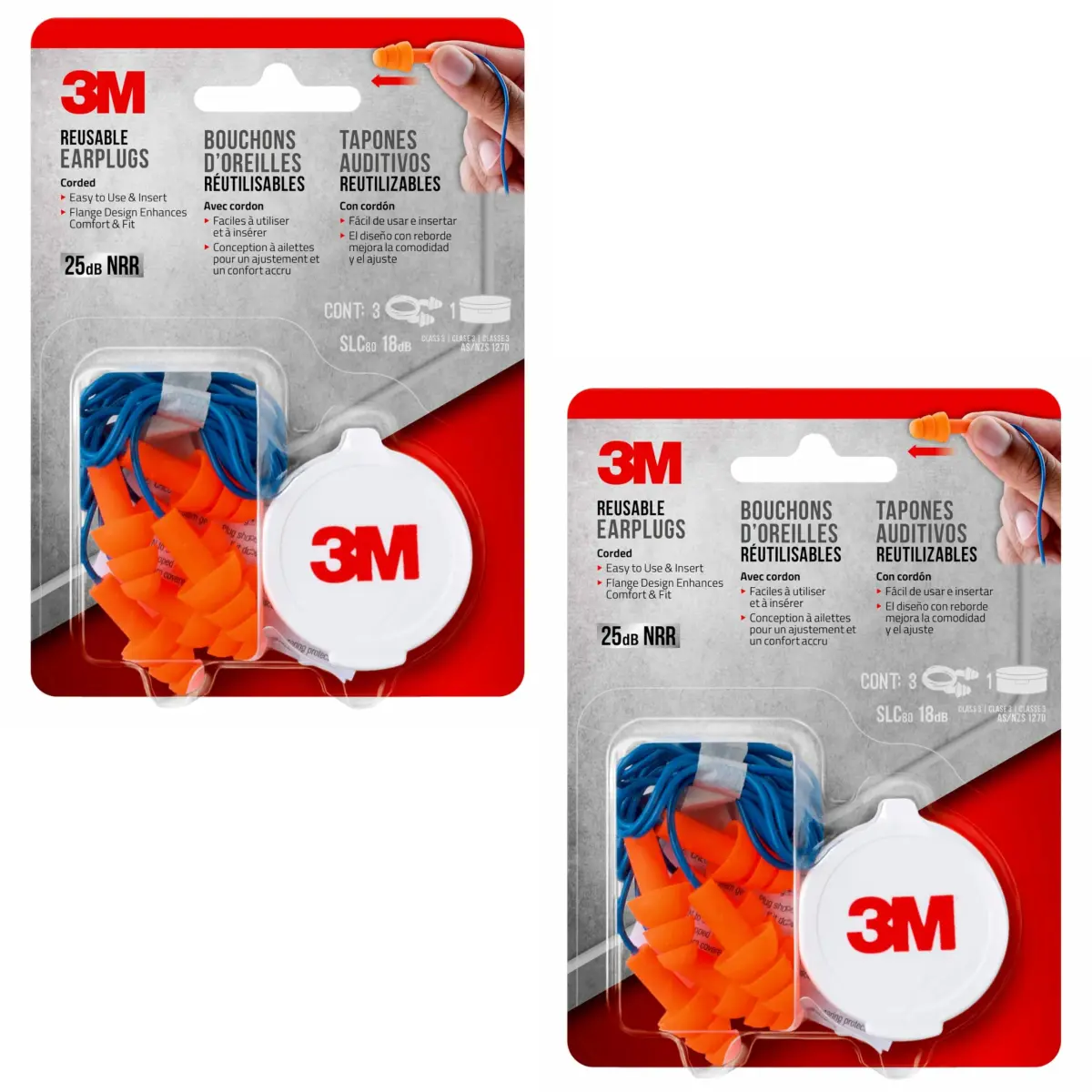 3M Corded Reusable Earplugs 6 Pair (Pack of 2) | NRR 25 dB Noise Reduction - view 2