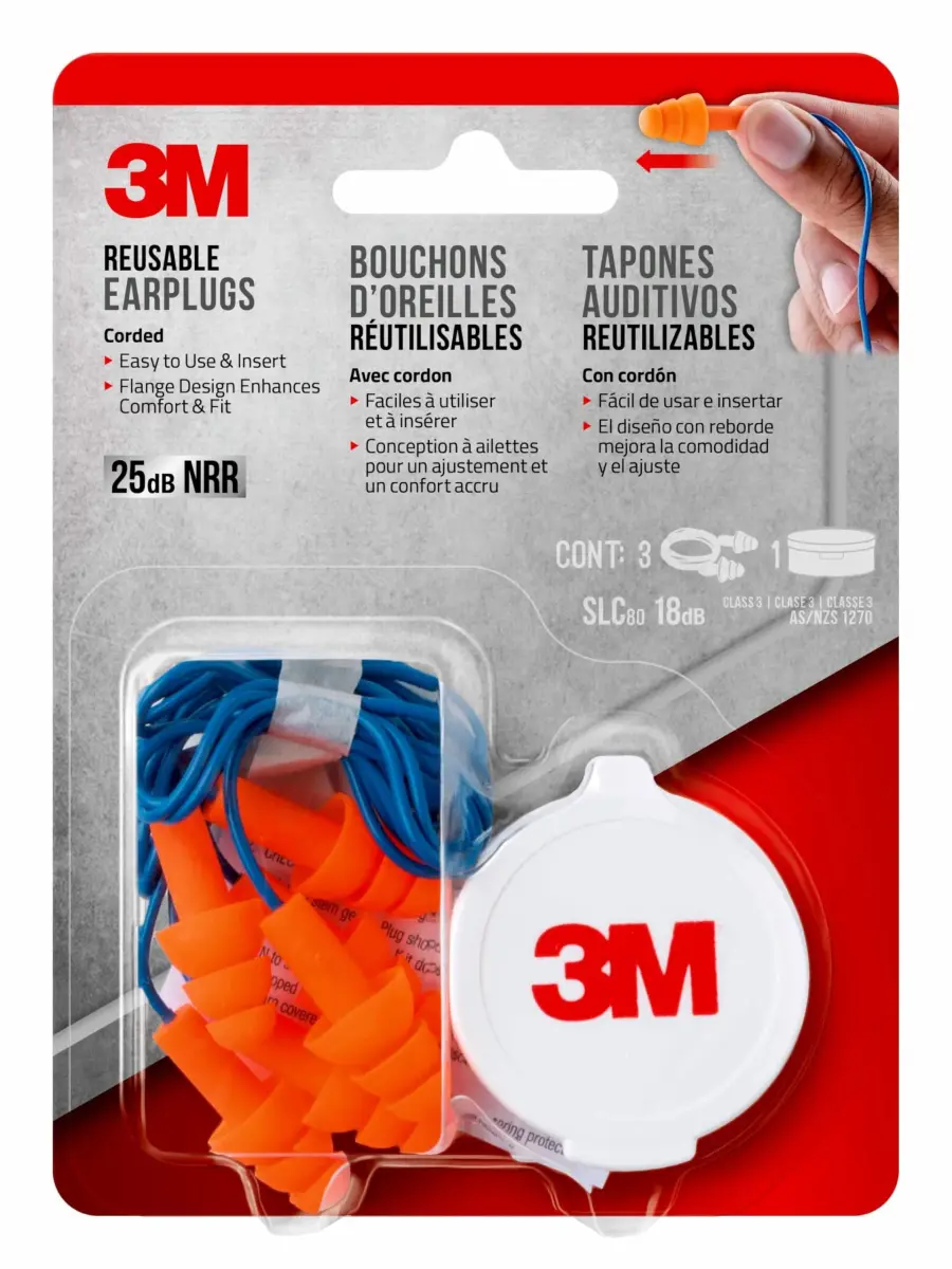 3M Corded Reusable Earplugs 6 Pair (Pack of 2) | NRR 25 dB Noise Reduction - view 4