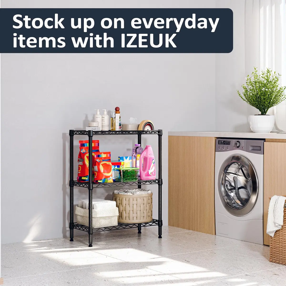 IZEUK 3-Tier Wire Shelving Unit, Small Metal Shelf Rack for Kitchen & Bathroom | 750 lbs Capacity, Black, Adjustable - view 6