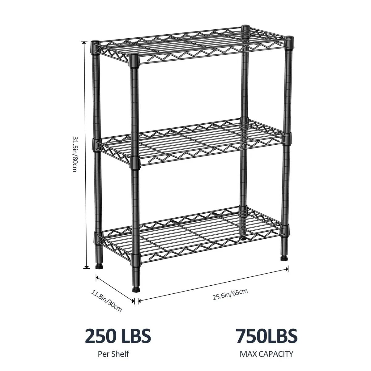 IZEUK 3-Tier Wire Shelving Unit, Small Metal Shelf Rack for Kitchen & Bathroom | 750 lbs Capacity, Black, Adjustable - view 2
