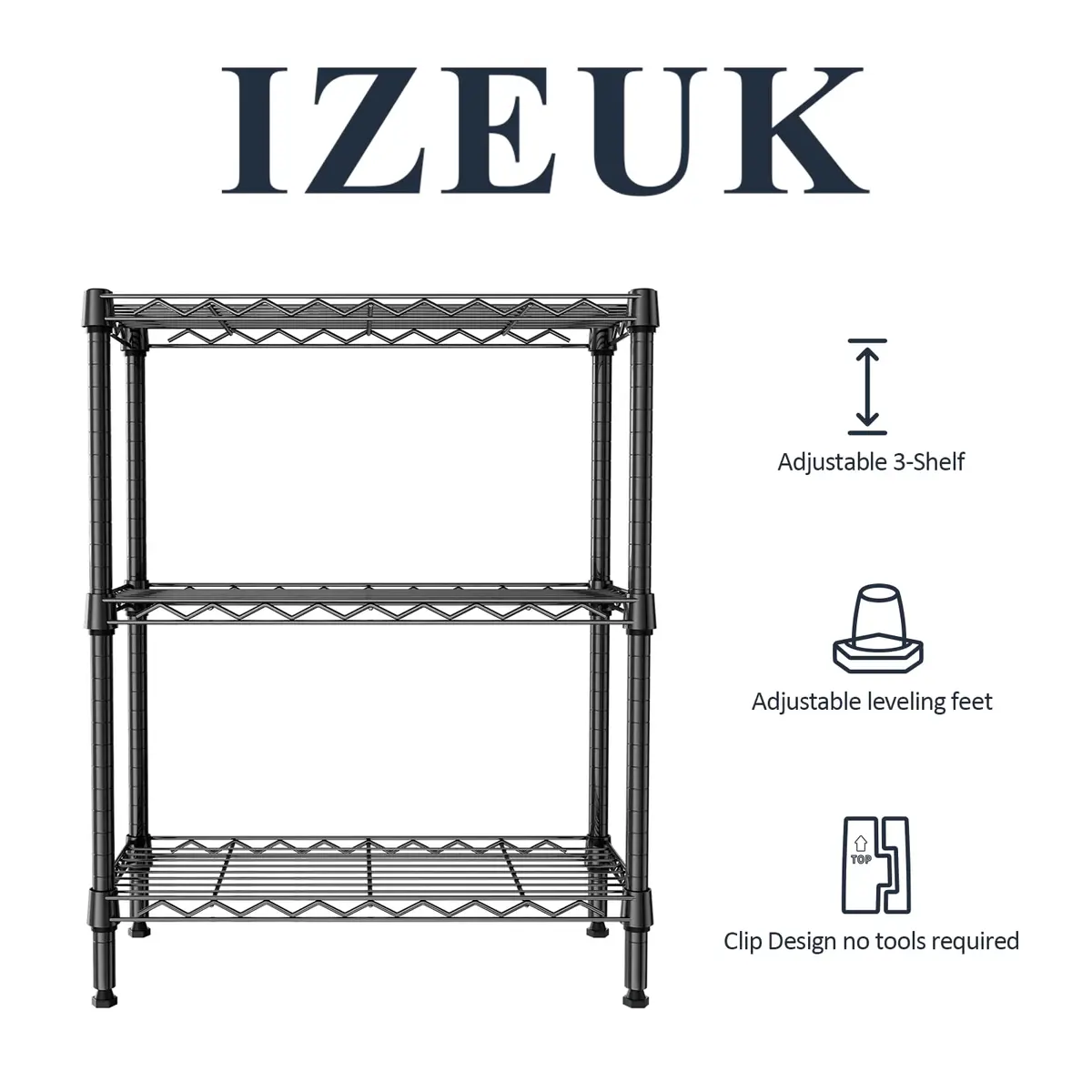 IZEUK 3-Tier Wire Shelving Unit, Small Metal Shelf Rack for Kitchen & Bathroom | 750 lbs Capacity, Black, Adjustable - view 4