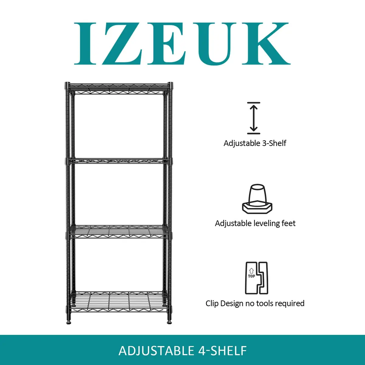 IZEUK 4-Tier Metal Shelf Rack, 24" Black Wire Shelving Unit for Kitchen Storage | Supports Up to 1000 lbs - view 4