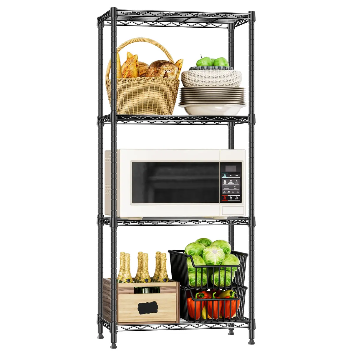 IZEUK 4-Tier Metal Shelf Rack, 24" Black Wire Shelving Unit for Kitchen Storage | Supports Up to 1000 lbs - main product image