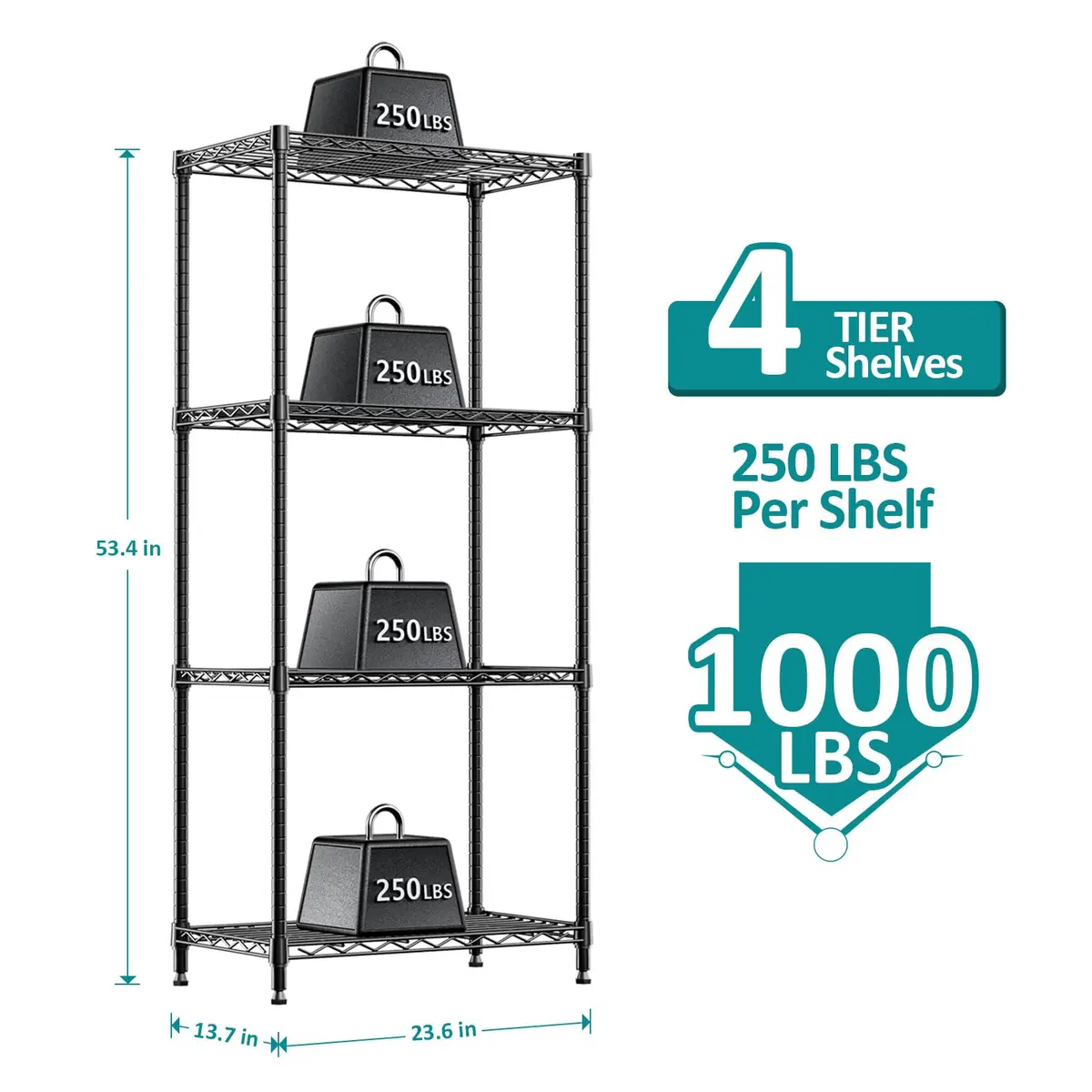IZEUK 4-Tier Metal Shelf Rack, 24" Black Wire Shelving Unit for Kitchen Storage | Supports Up to 1000 lbs - view 2