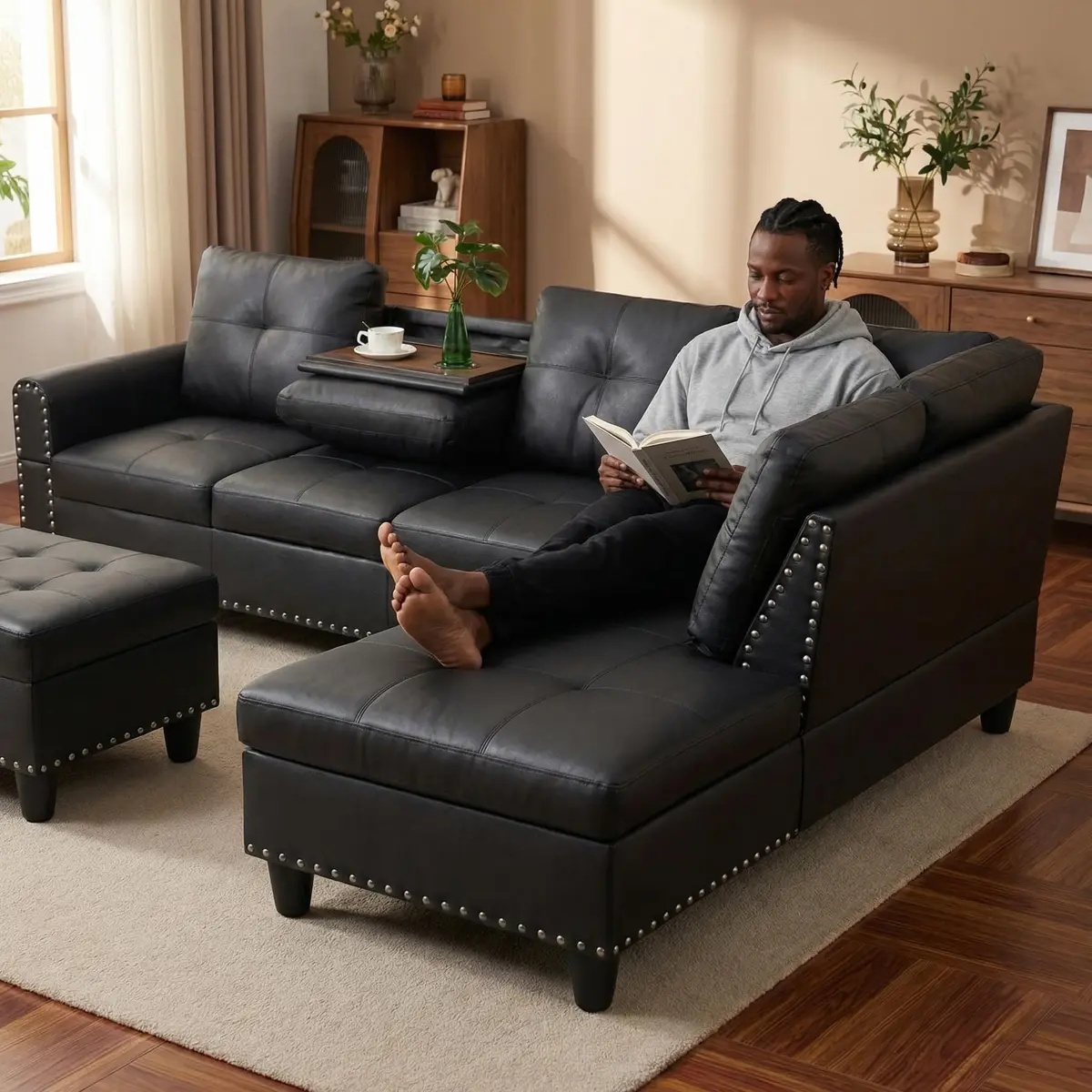 Topcomfy Faux Leather Sectional Couch - L Shaped Black | Modular Living Room Sofa - view 5