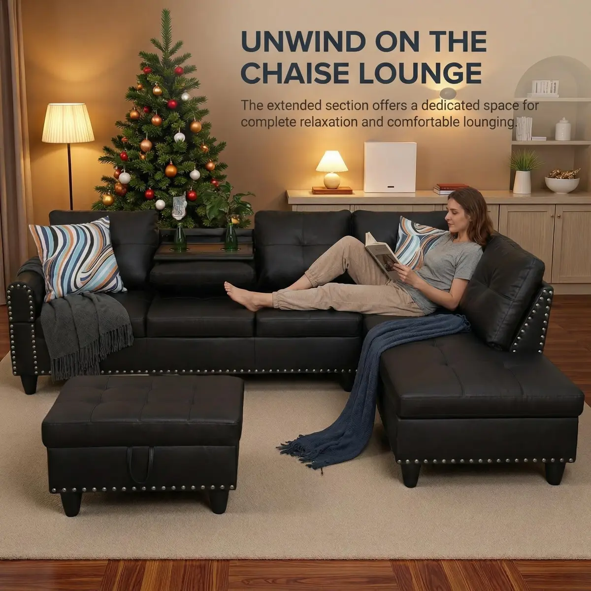 Topcomfy Faux Leather Sectional Couch - L Shaped Black | Modular Living Room Sofa - view 7