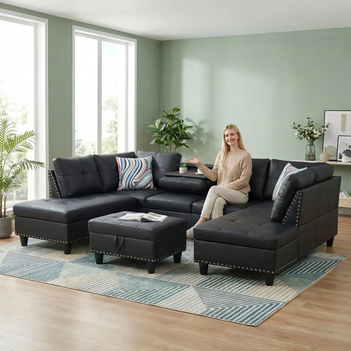 Topcomfy Faux Leather Sectional Couch - L Shaped Black | Modular Living Room Sofa - view 4
