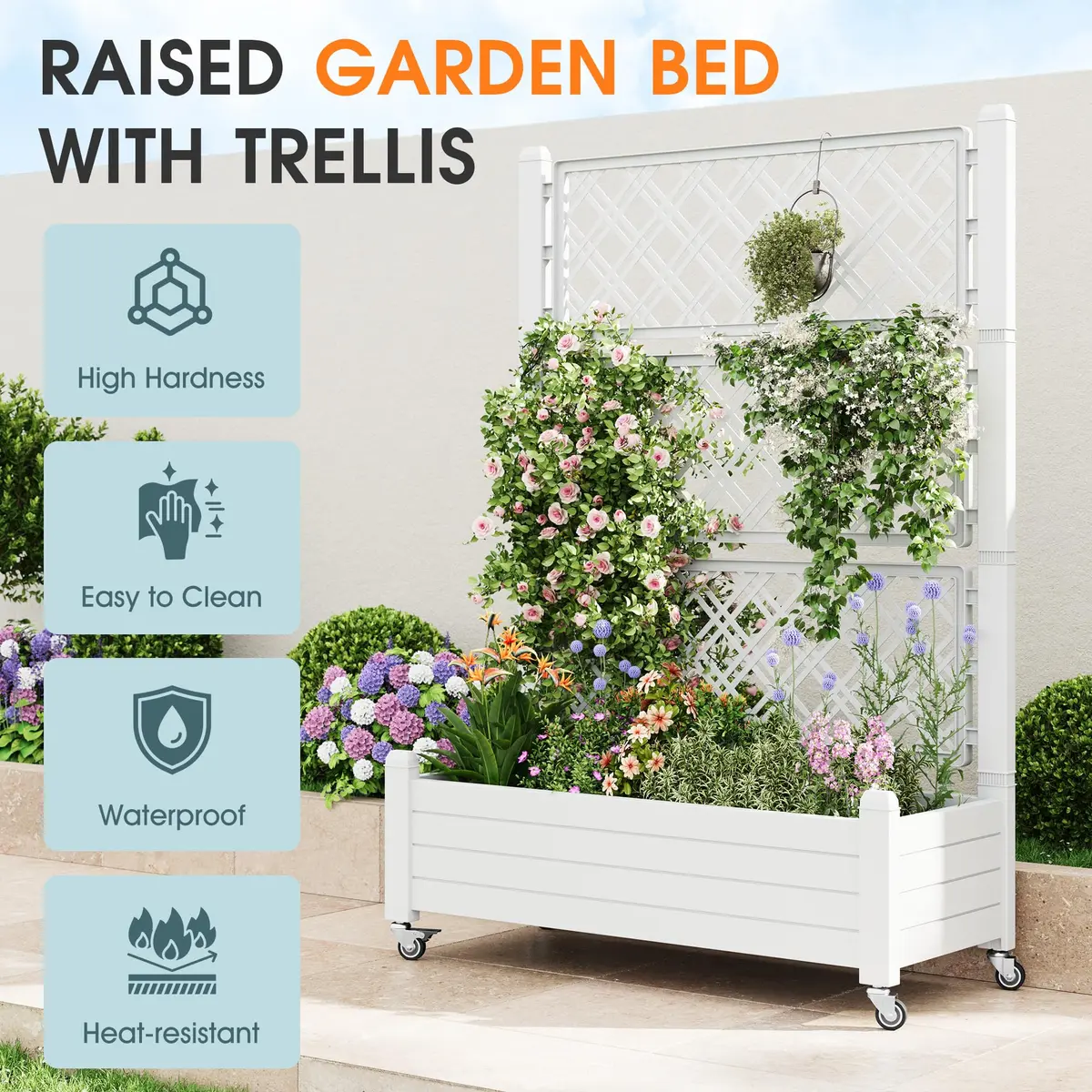 WTFGO Elevated Raised Garden Bed with Trellis & Wheels, Ashen-61.2"h | Outdoor Vertical Garden Planter - view 5
